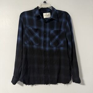 ELEVEN PARIS Jacky Ombré Plaid Button Up Shirt Men's L Blue Black Cotton Flannel